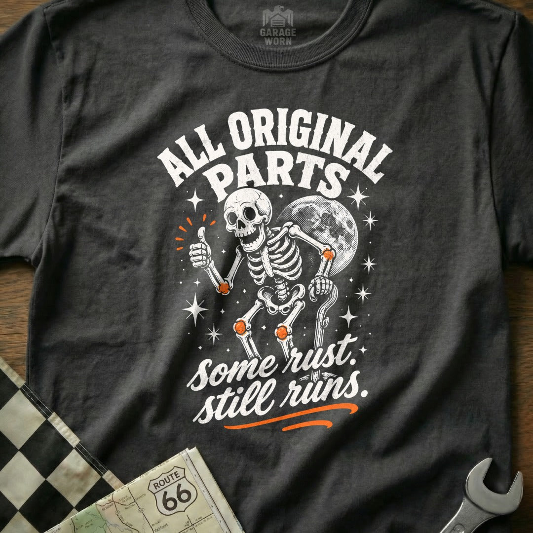 Skeleton giving thumbs up with text "All original parts, some rust still runs."