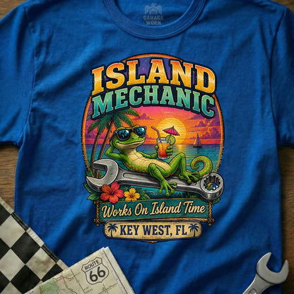 Gecko on wrench at sunset, "Island Mechanic Works On Island Time Key West, FL" text.