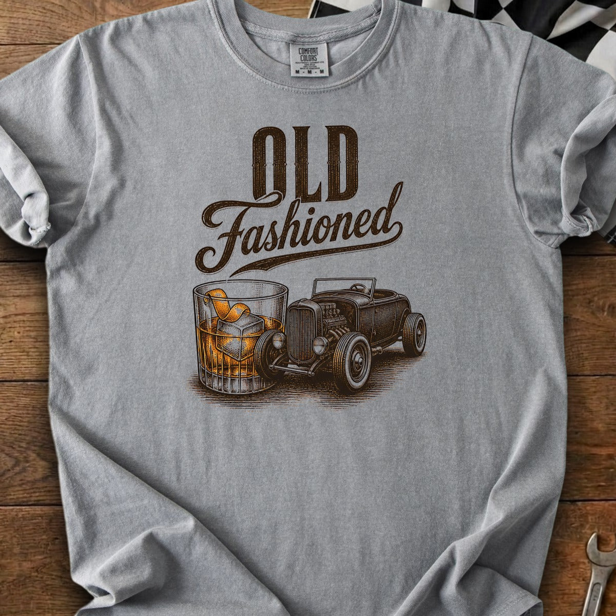 Gray t-shirt with "OLD Fashioned" text and vintage hot rod car.