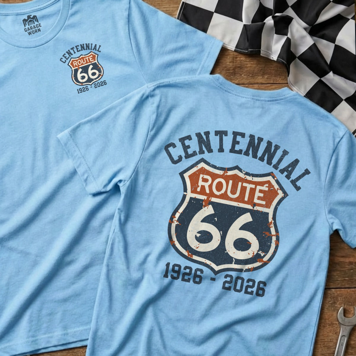 Light blue t-shirt with Route 66 Centennial logo and 1926-2026 text.