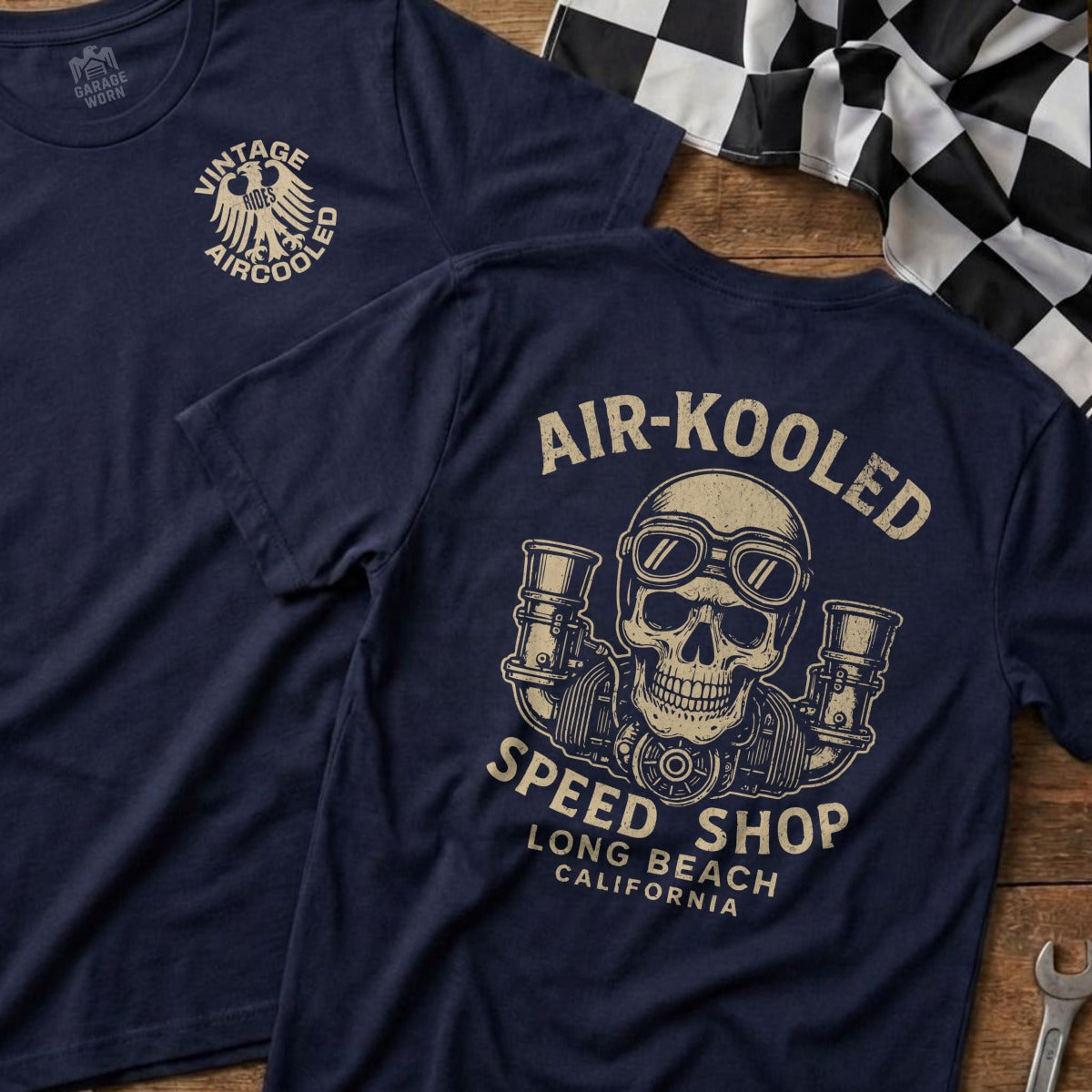 Navy t-shirt with "Air-Kooled Speed Shop Long Beach California" and skull graphic.