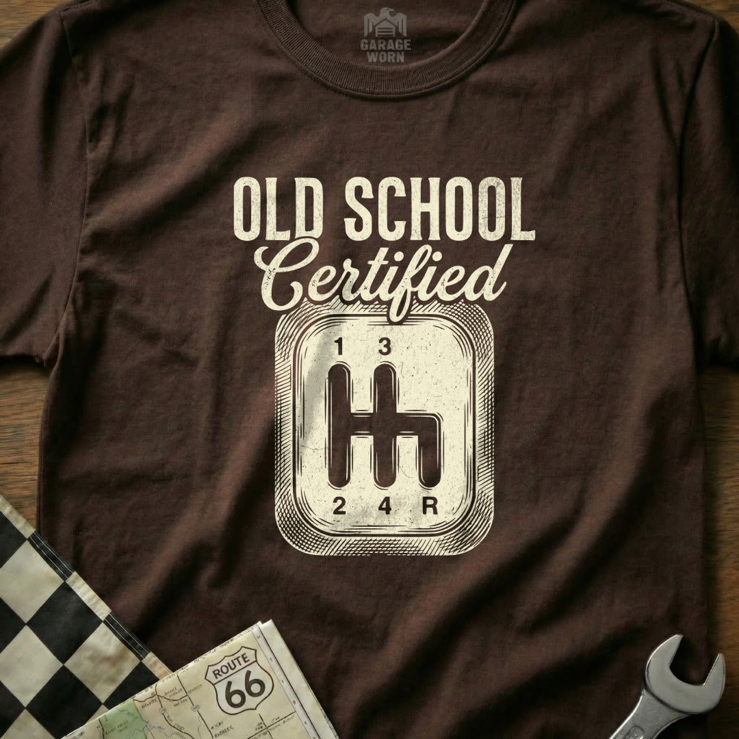 Brown t-shirt with "Old School Certified" and a vintage manual gear shifter graphic.