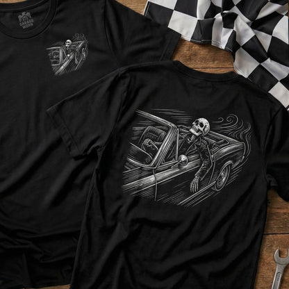 Black t-shirt featuring a skeleton driving a classic car.