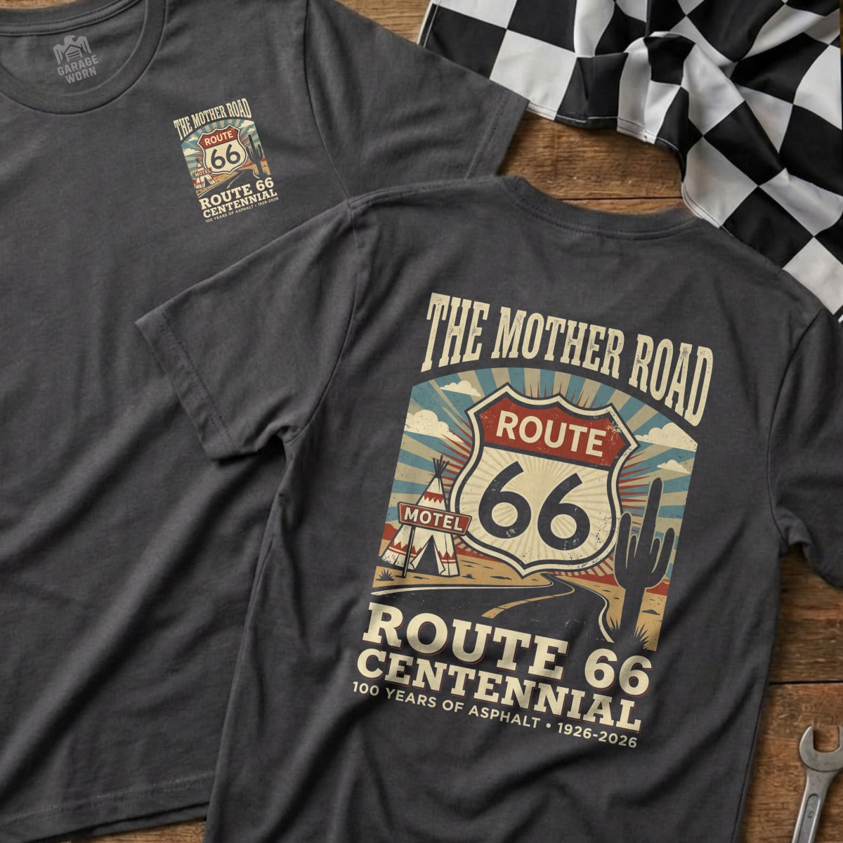 Route 66 Centennial t-shirt with a desert scene and "100 Years of Asphalt" text.