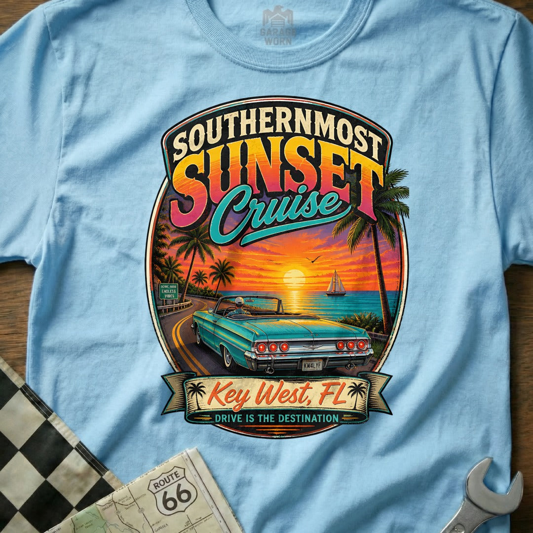 "Southernmost Sunset Cruise" graphic with a classic convertible in Key West, FL.