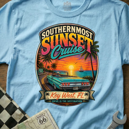 "Southernmost Sunset Cruise" graphic with a classic convertible in Key West, FL.