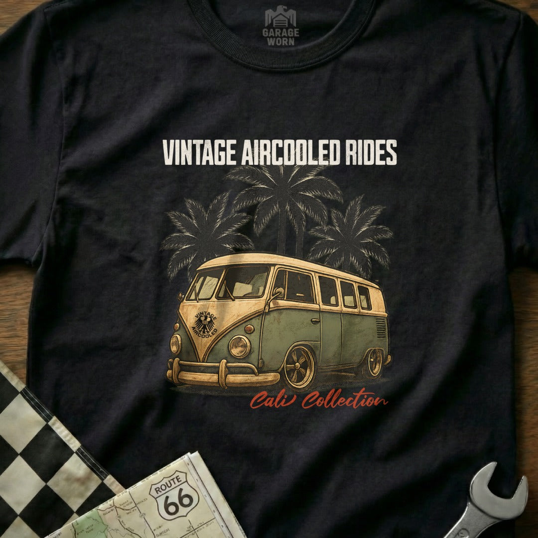 Green and tan vintage Volkswagen bus with palm trees and "Cali Collection".