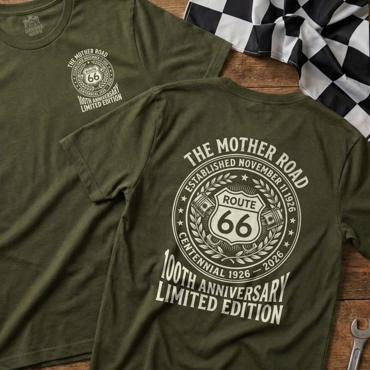 Green t-shirt with Route 66 100th anniversary design, "Garage Worn" logo.