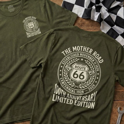 Green t-shirt with Route 66 100th anniversary design, "Garage Worn" logo.