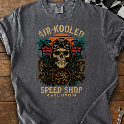 T-shirt with skull biker graphic, "Air-Kooled Speed Shop Miami, Florida" text.
