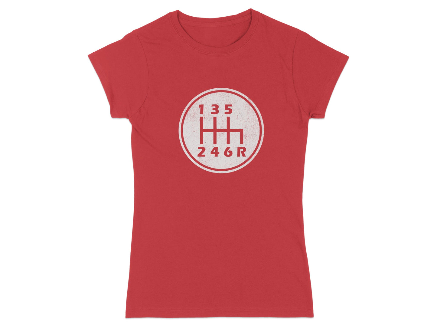 Red t-shirt with a white manual transmission shift pattern graphic.