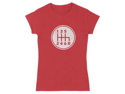 Red t-shirt with a white manual transmission shift pattern graphic.