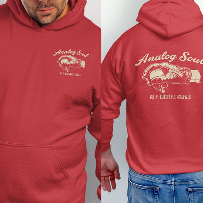 Red hoodie with cream graphic: "Analog Soul In a Digital World"