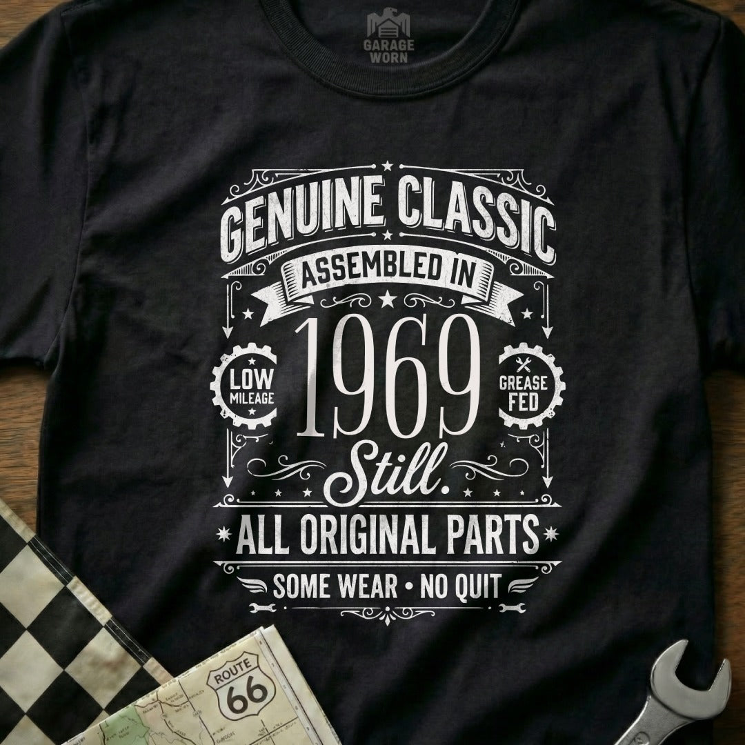 Black t-shirt with "Genuine Classic Assembled in 1969" design and Route 66 emblem.