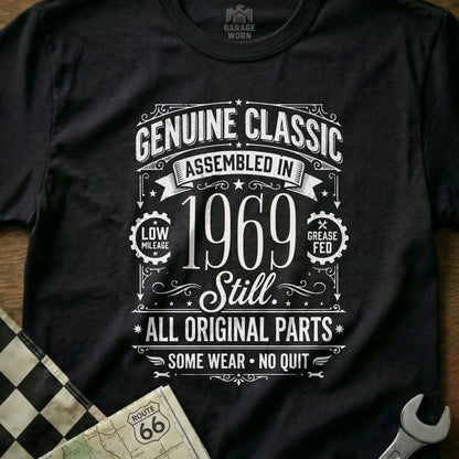 Black t-shirt with "Genuine Classic Assembled in 1969" design and Route 66 emblem.
