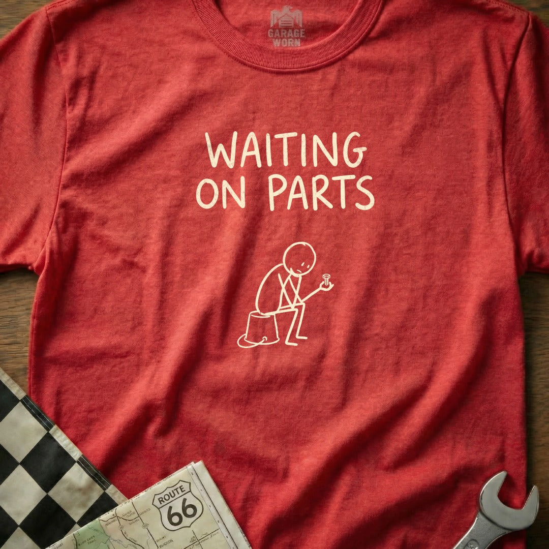 Red t-shirt with "Waiting on Parts" text and a stick figure.