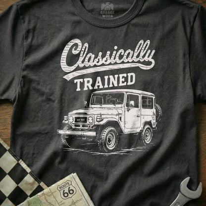 T-shirt with white graphic of a classic SUV and text "Classically TRAINED".
