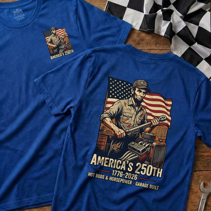 Blue t-shirt with Abraham Lincoln holding a wrench, "America's 250th" text.