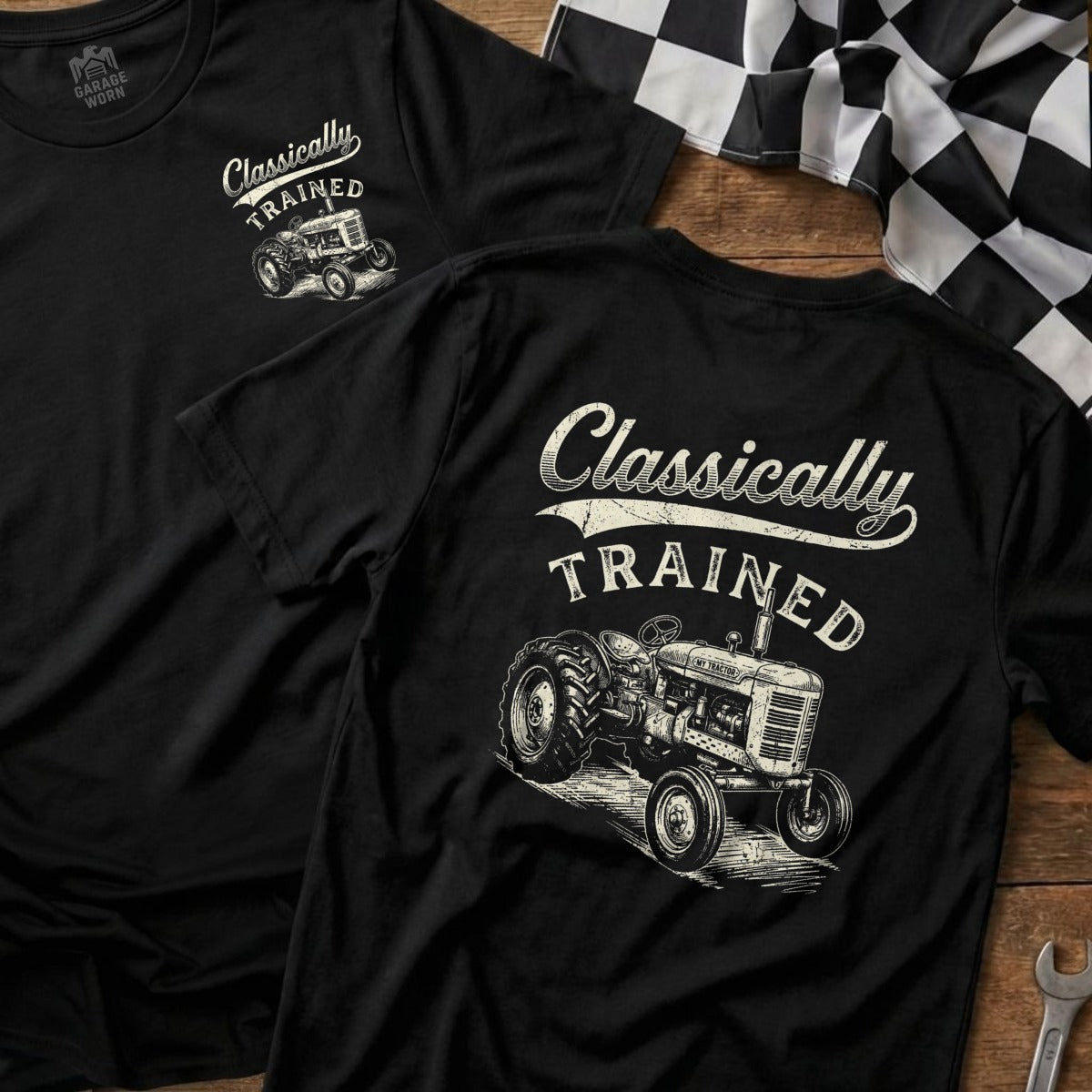 Black t-shirts with "Classically Trained" text and a vintage tractor graphic.