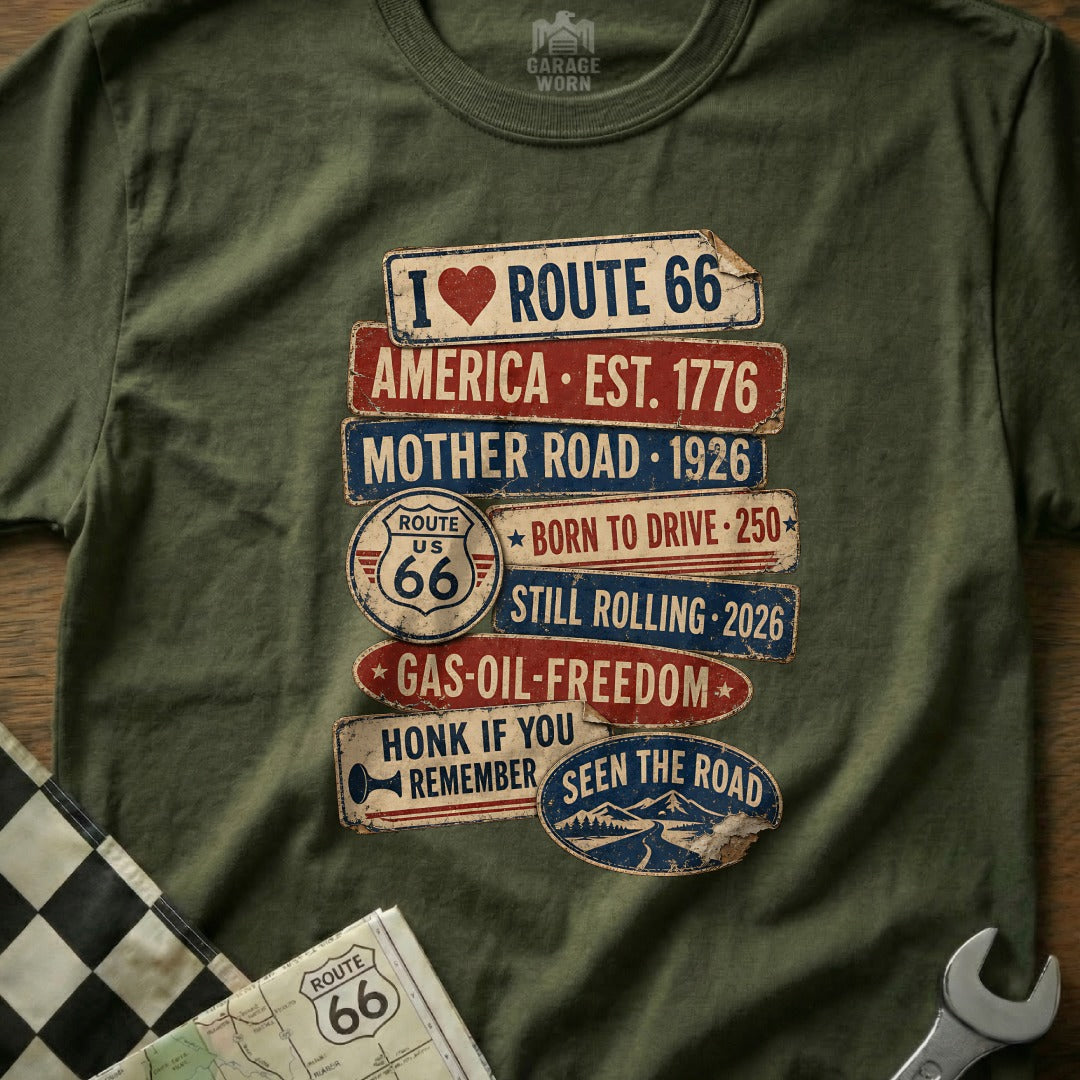 Olive green t-shirt with "I Love Route 66" and other road-themed text.