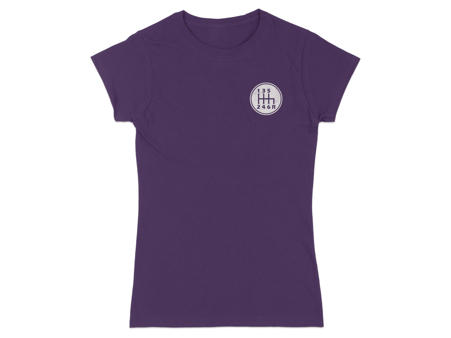 Purple t-shirt with a circular gear shift pattern graphic on the left chest.
