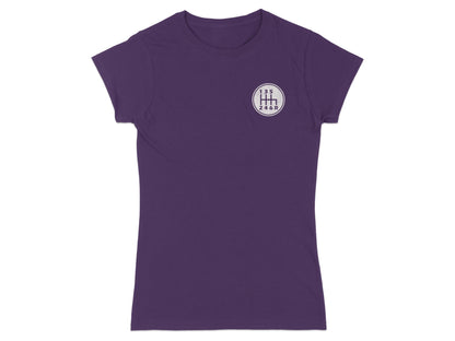 Purple t-shirt with a circular gear shift pattern graphic on the left chest.