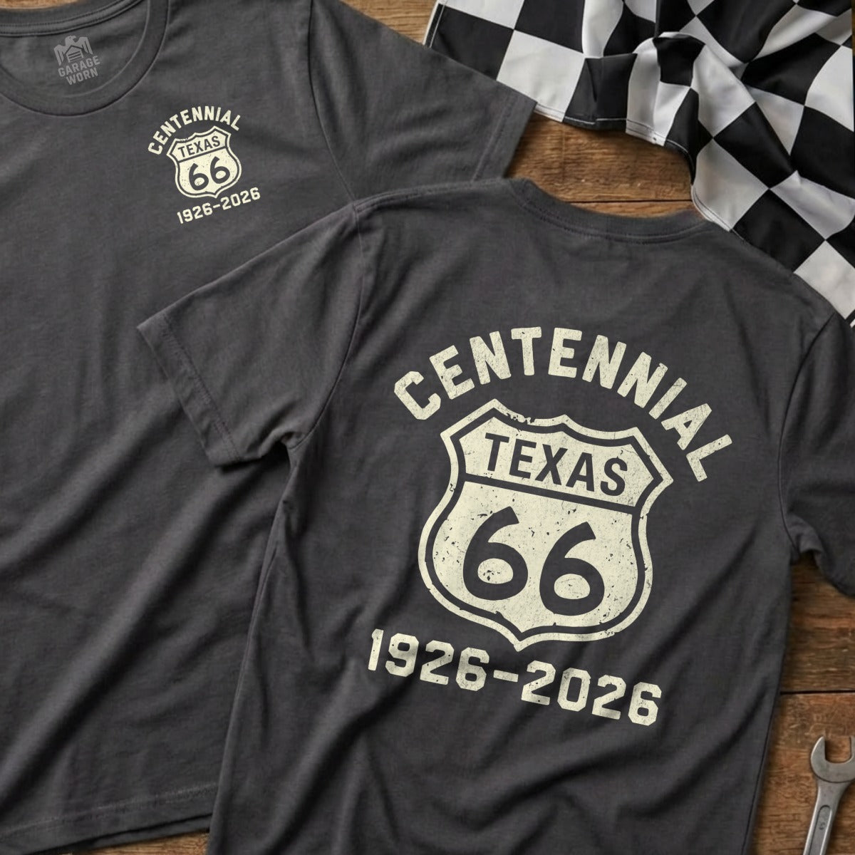 Dark gray t-shirt with "Centennial Texas 66 1926-2026" graphic.