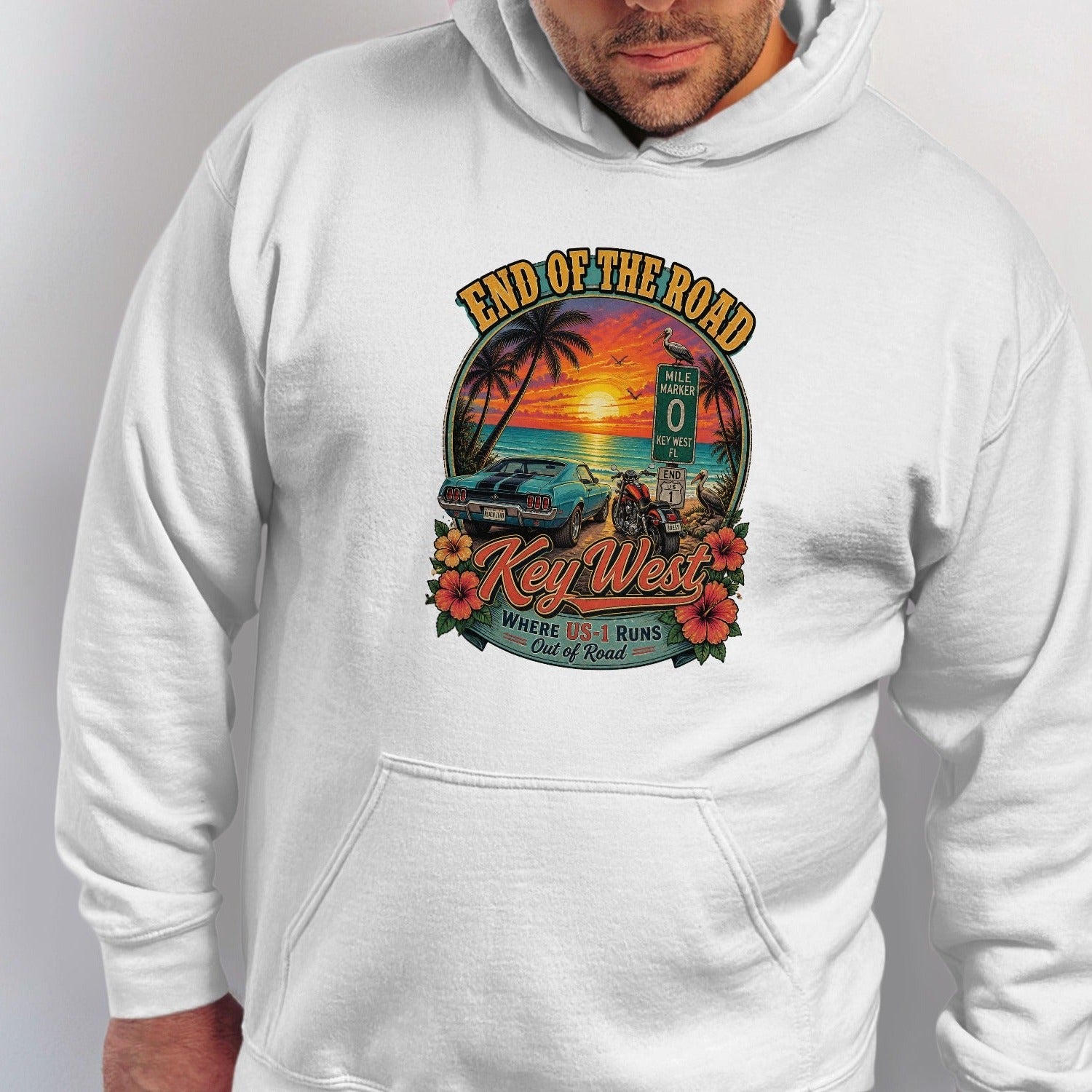 Key West graphic with vintage car, motorcycle, sunset, palm trees, and text.