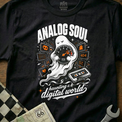 Ghost with RPM gauge and cassette tape, "Analog Soul" and "haunting a digital world."