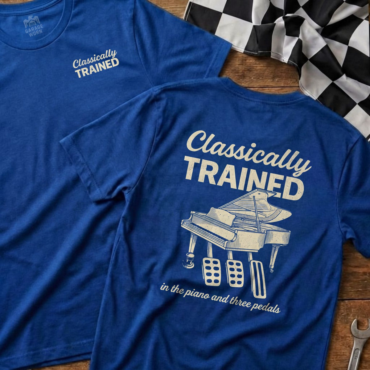 Two blue t-shirts displaying "Classically Trained" and a piano with three pedals.