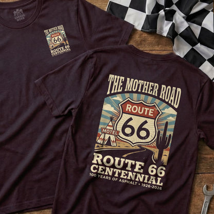 Maroon t-shirt with Route 66 Centennial design and text.