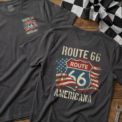 T-shirt with Route 66 Americana logo featuring distressed American flag.