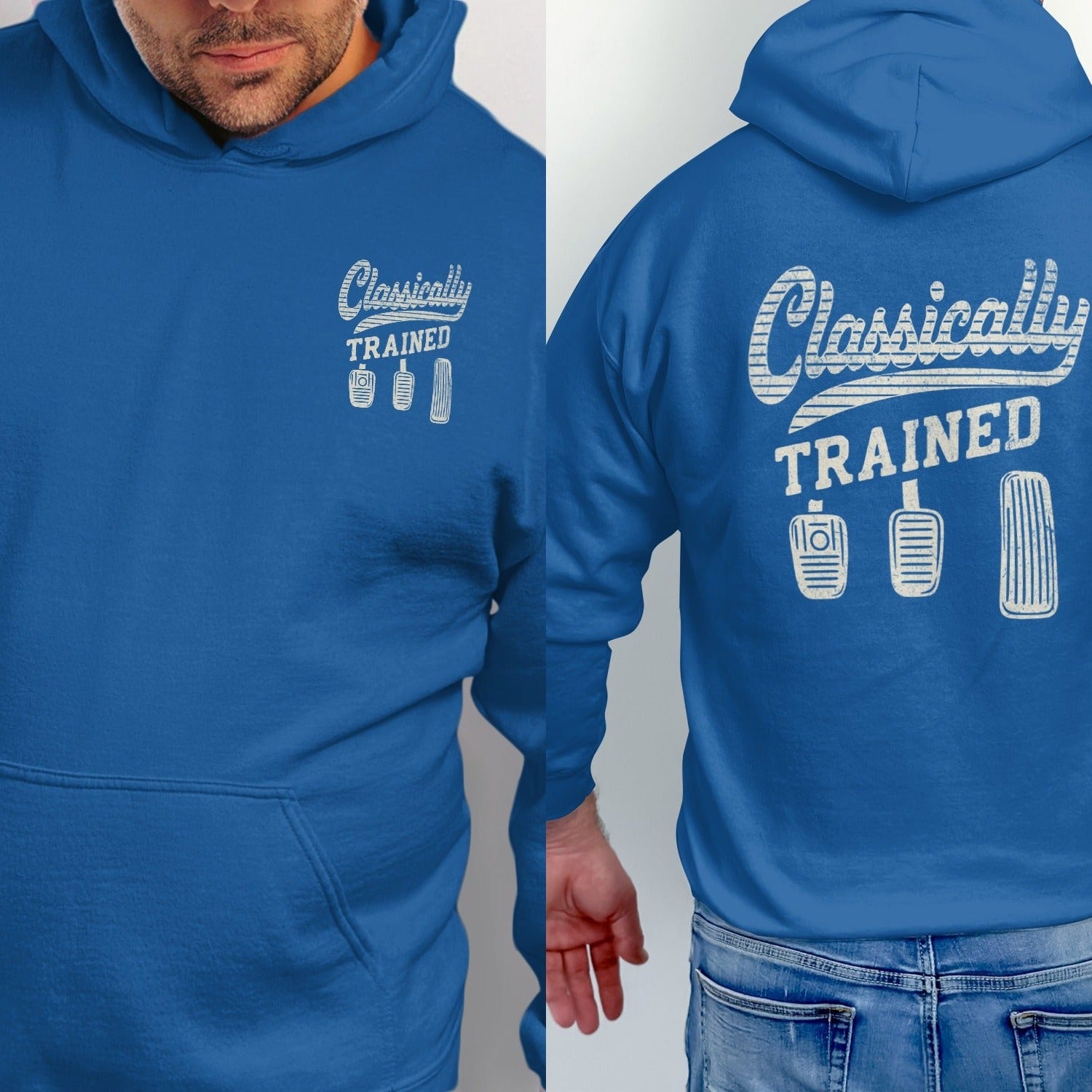 Blue hoodie with "Classically TRAINED" text and manual car pedals graphic.