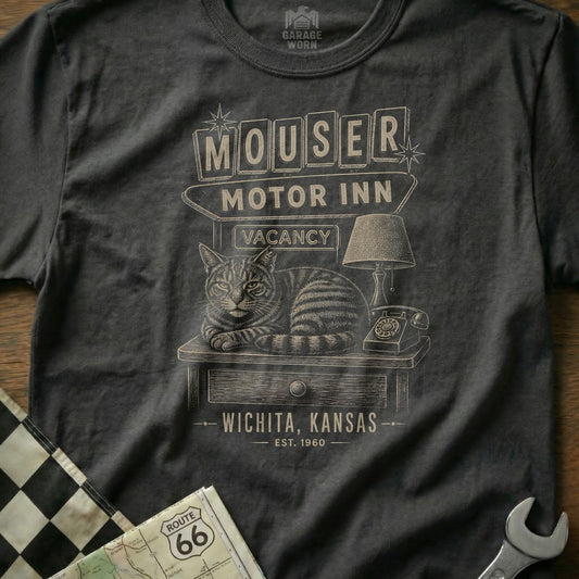 Mouser Motor Inn sign with a cat, lamp, and phone, Wichita, Kansas est. 1960.
