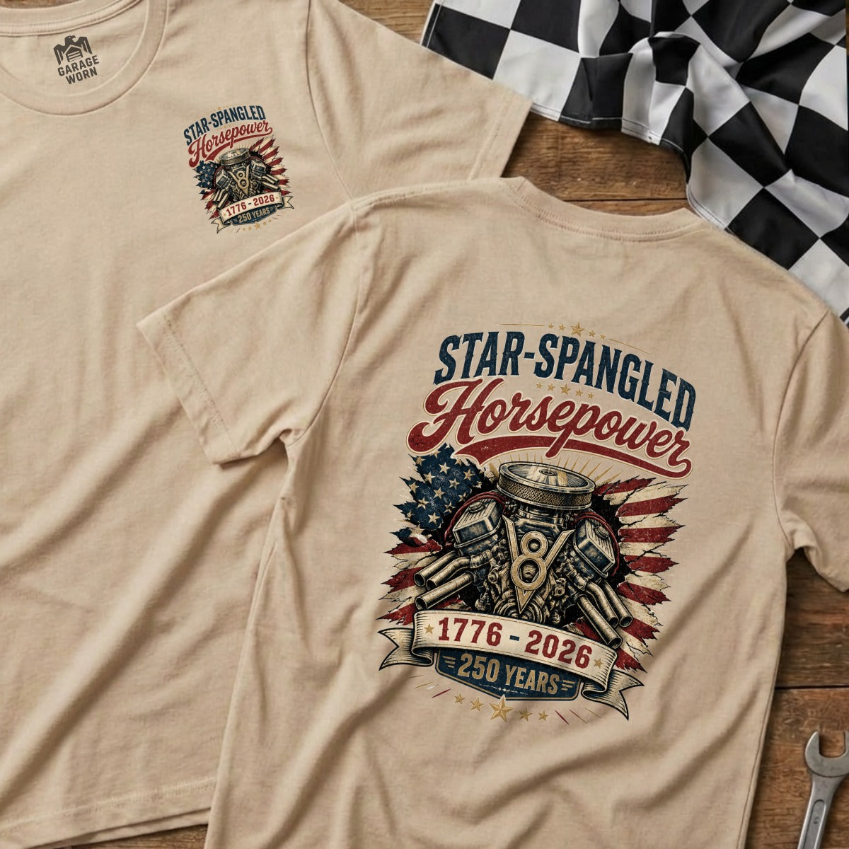 T-shirt with "Star-Spangled Horsepower" graphic and V8 engine image.