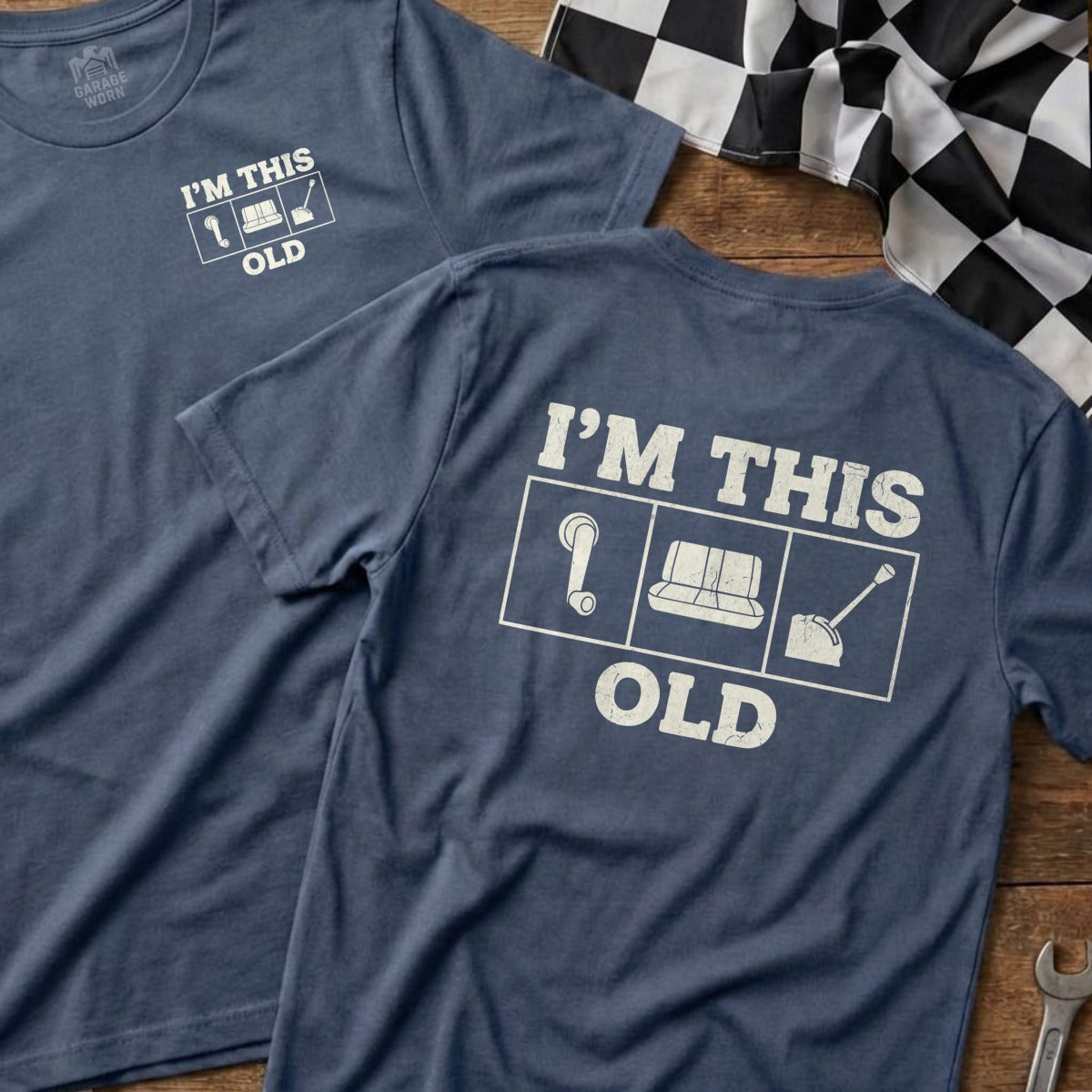 Navy blue t-shirt with "I'm This Old" text and icons.