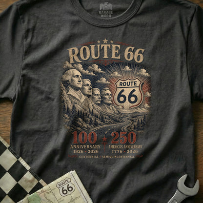 Route 66 100th and 250th anniversary graphic with Mount Rushmore heads.