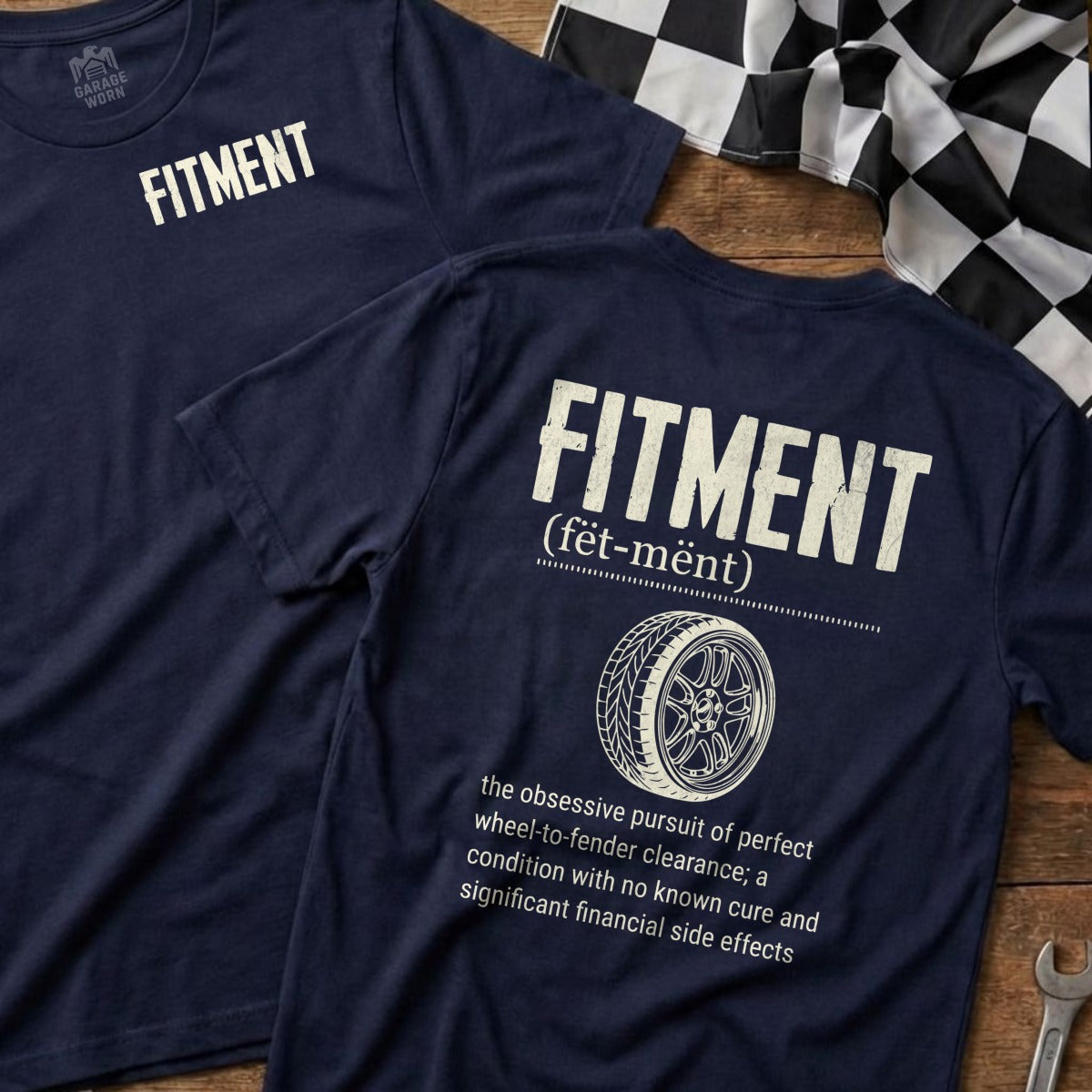 Navy t-shirts with "FITMENT" logo and definition, one showing the back.