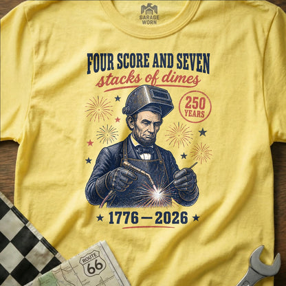 Abraham Lincoln welding with fireworks and "250 Years" text.