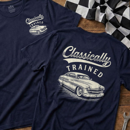 Navy t-shirt with "Classically TRAINED" and a vintage car graphic.