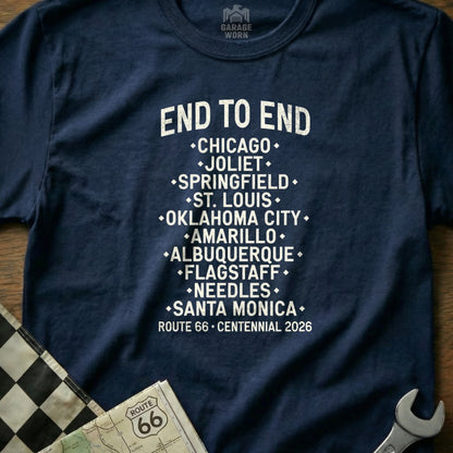Navy t-shirt with Route 66 cities and "End to End" text.