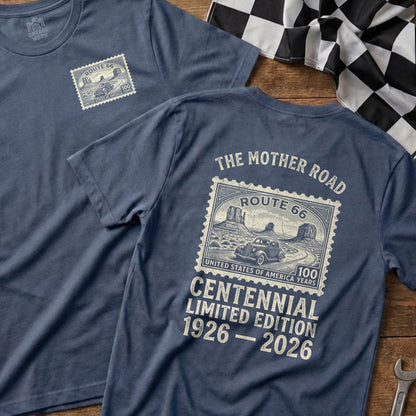 Blue t-shirt featuring Route 66 Centennial logo, limited edition 1926-2026.