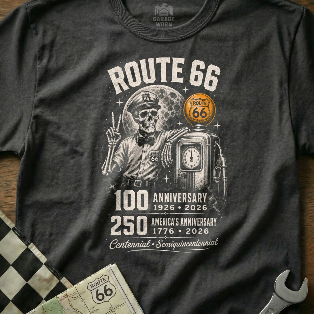 Route 66 skeleton graphic with 100 and 250 anniversary text.