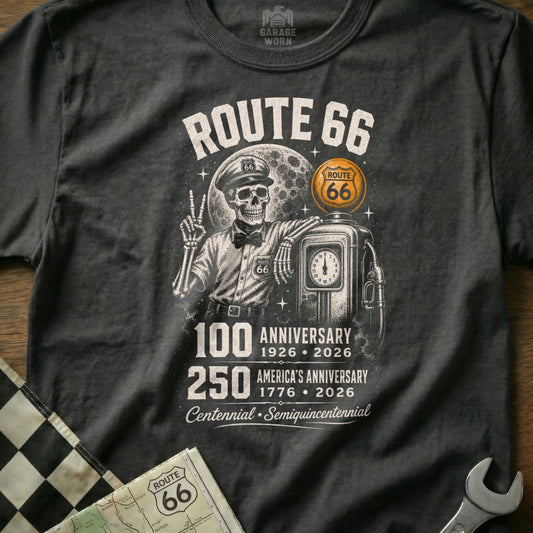 Route 66 skeleton graphic with 100 and 250 anniversary text.