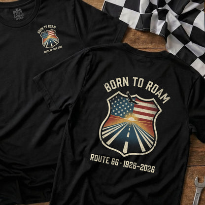 Black t-shirt with "Born to Roam" logo featuring a road and flag.