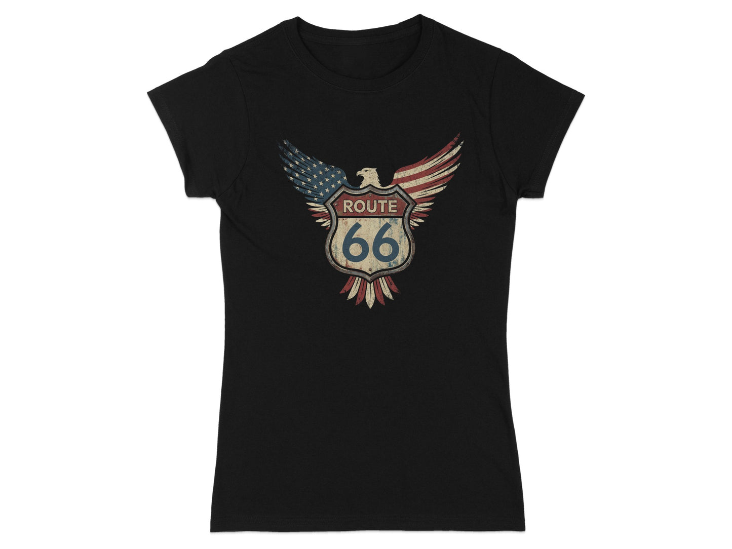 Black t-shirt with vintage Route 66 eagle logo featuring American flag wings.