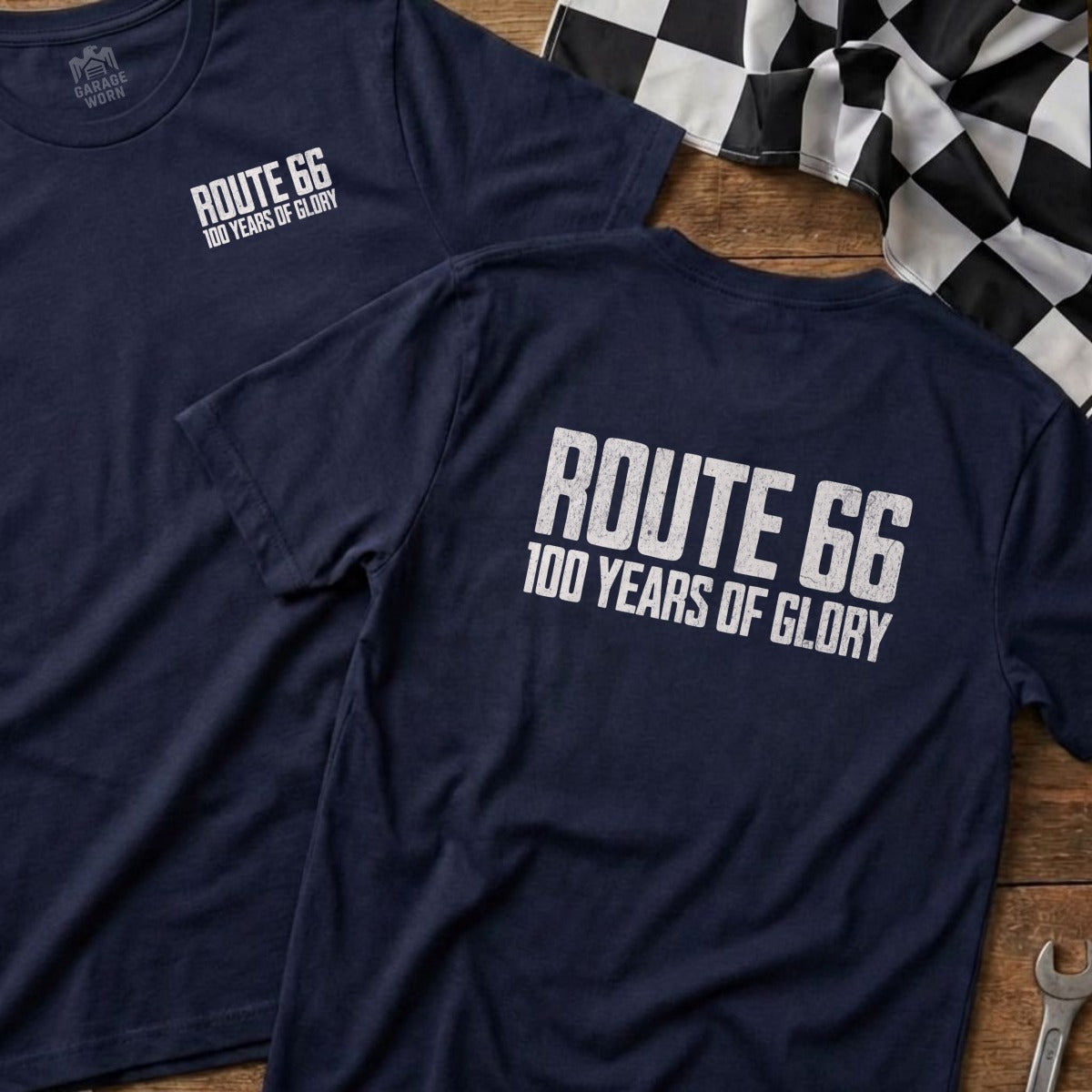 Navy t-shirts with "Route 66 100 Years of Glory" text.