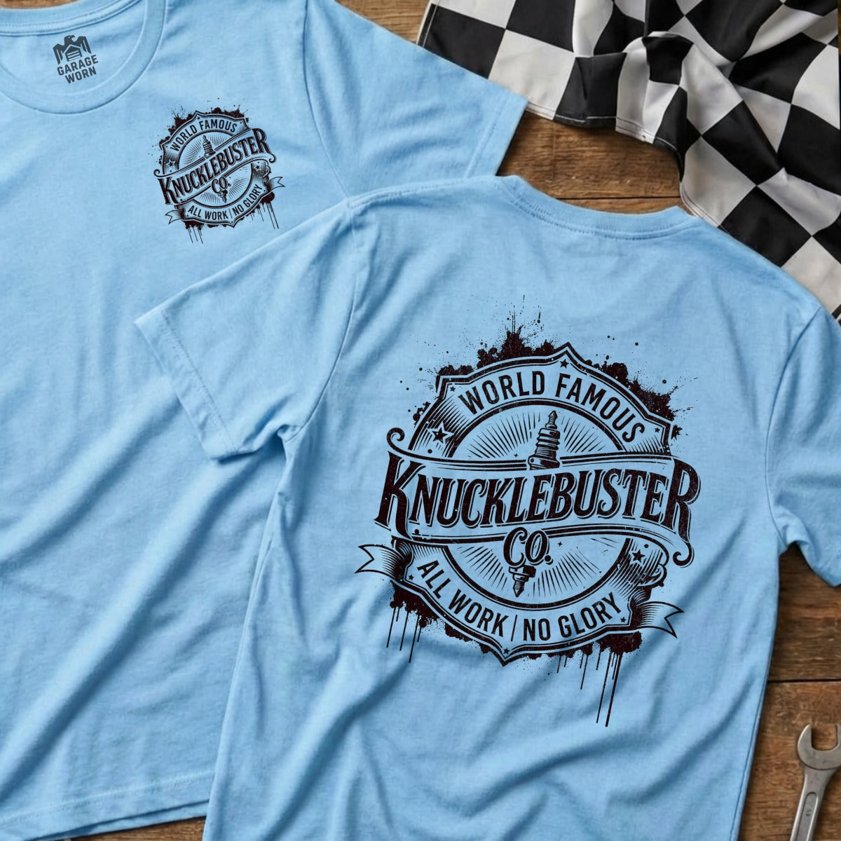 Light blue t-shirts with "World Famous Knucklebuster Co." logo.