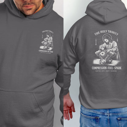 Dark grey hoodie with graphic of Jesus working on a motorcycle engine and text.