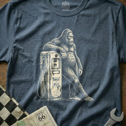 Bigfoot leaning on a vintage gas pump with "BUNKER and WILL IT" text.